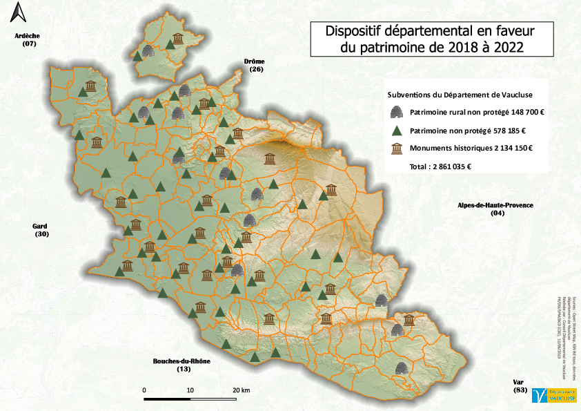 Carte 'Dispositif départemental en faveur du patrimoine de 2018 à 2022' - Agrandir l'image (fenêtre modale)