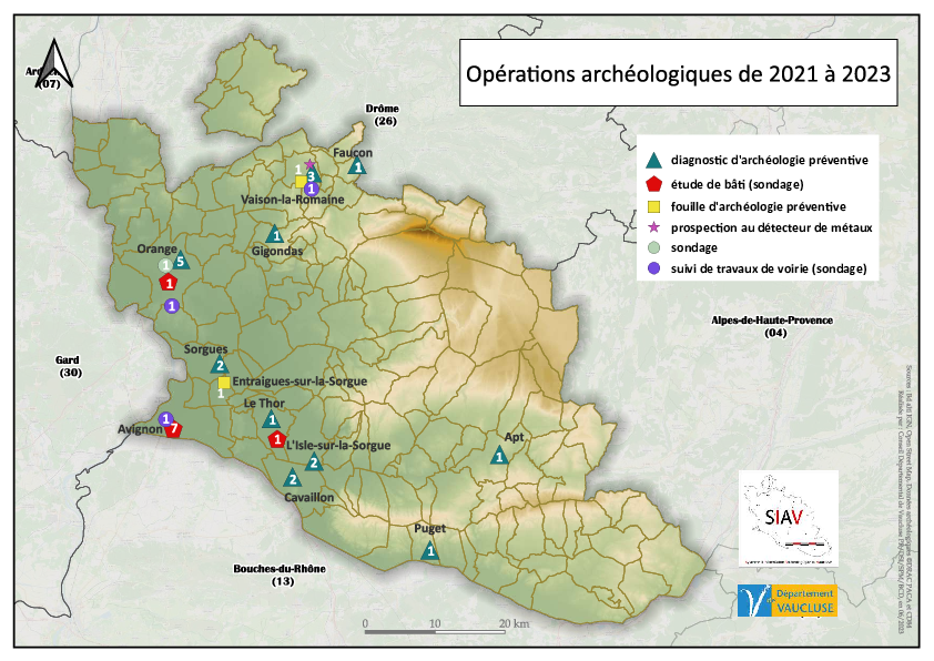 Carte 'Opérations archéologiques dans le Vaucluse-  2021 à 2023' - Agrandir l'image (fenêtre modale)