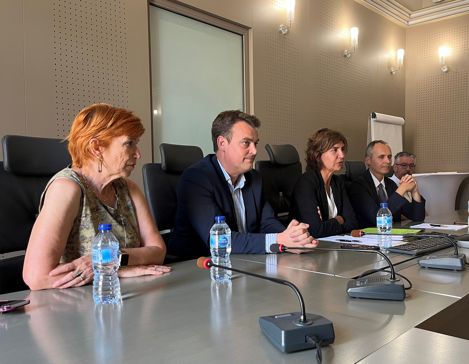 Dominique Santoni a animé ce point presse consacré à la reconstruction de l’EHPAD de Sainte-Cécile-les-Vignes, en compagnie  de Loïc Souriau, délégué départemental de l’ARS, de Vincent Faure, maire de Sainte-Cécile, et d’Anthony Zilio et Christine Lanthelme, conseillers départementaux du canton de Bollène.  - Agrandir l'image (fenêtre modale)